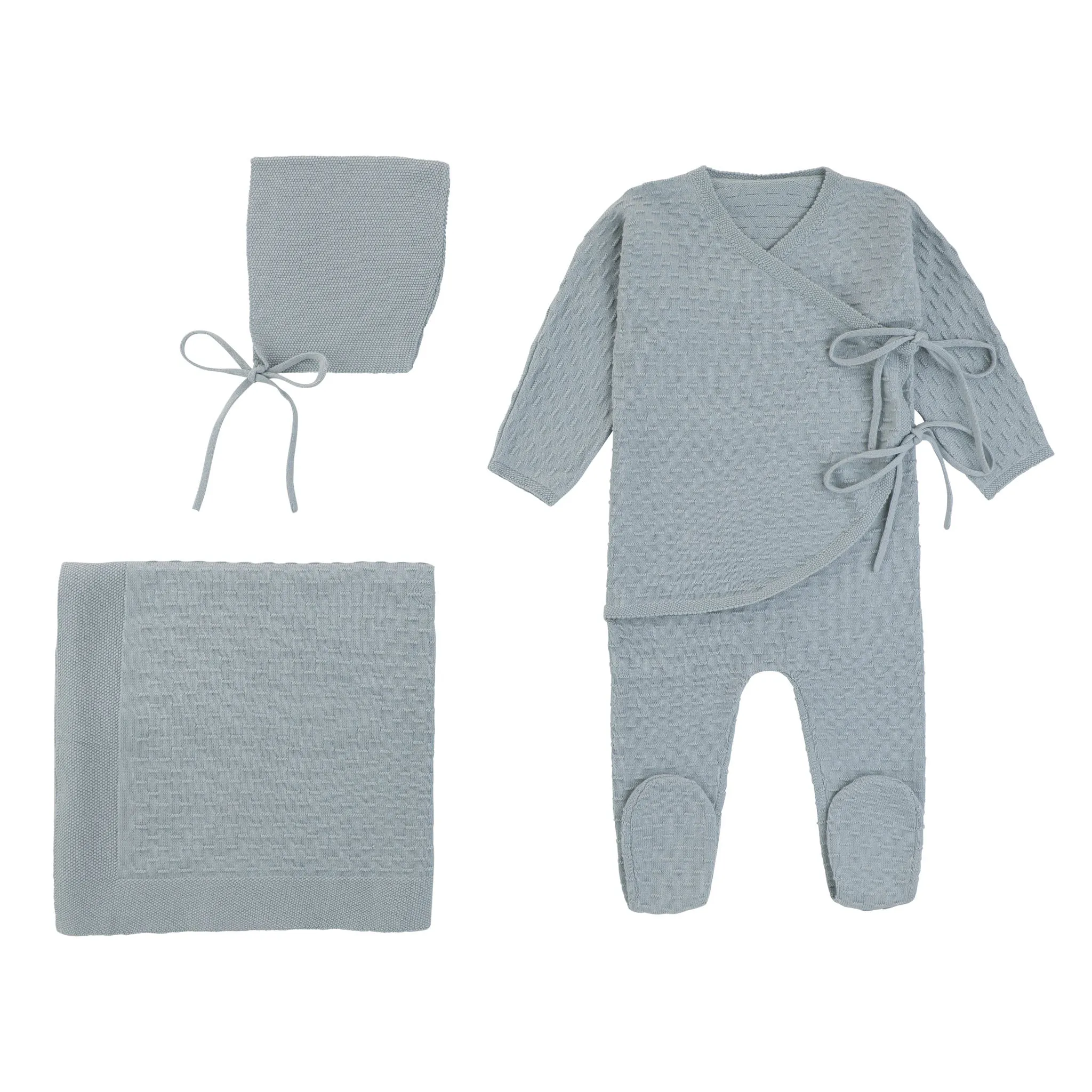 Rompp Double Bow wrap Light Blue Knit Onesie w/Bonnet