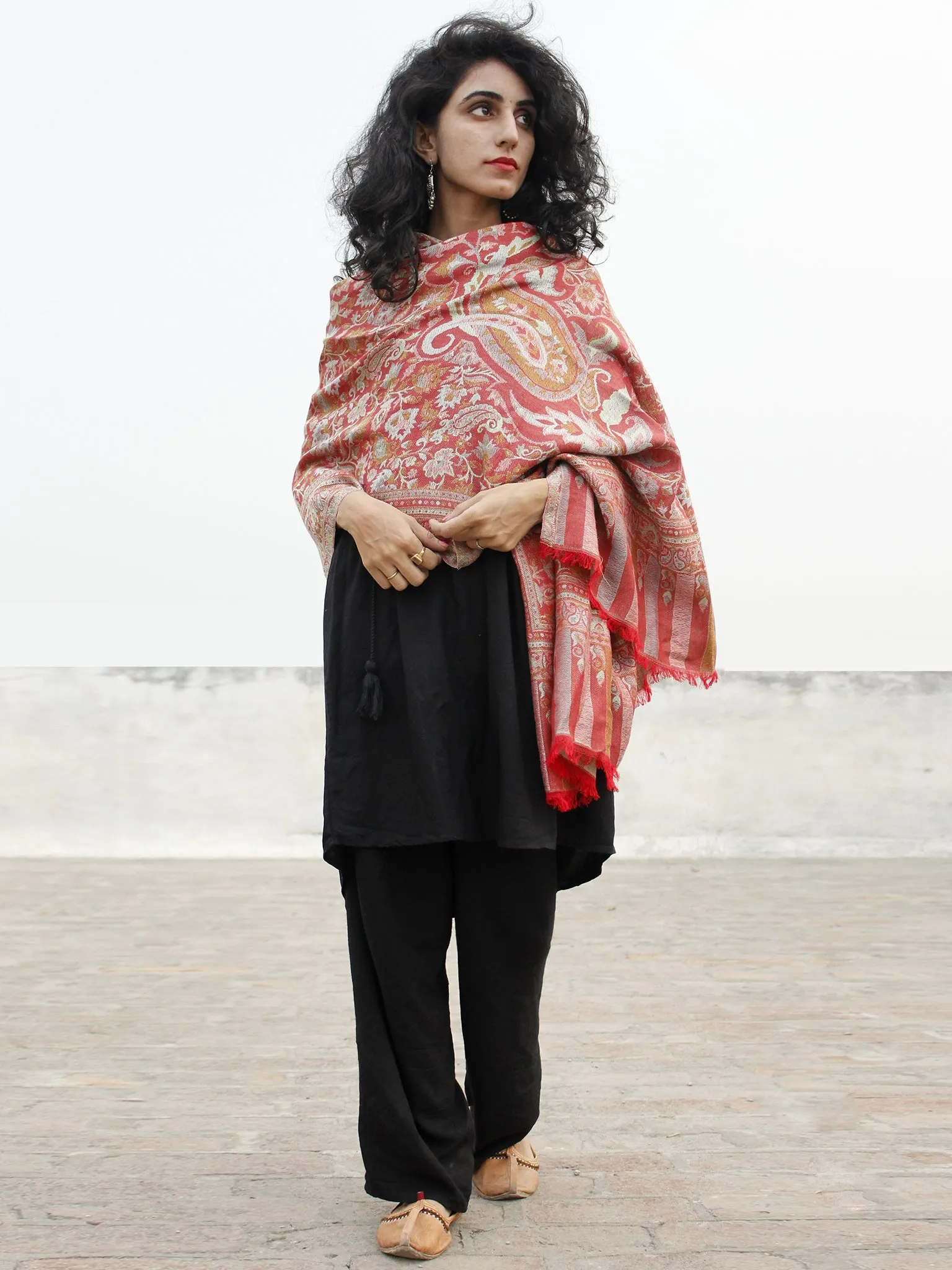 Rust Green Blue Cashmere Jamawar Kani Woolen Stole - S6317200