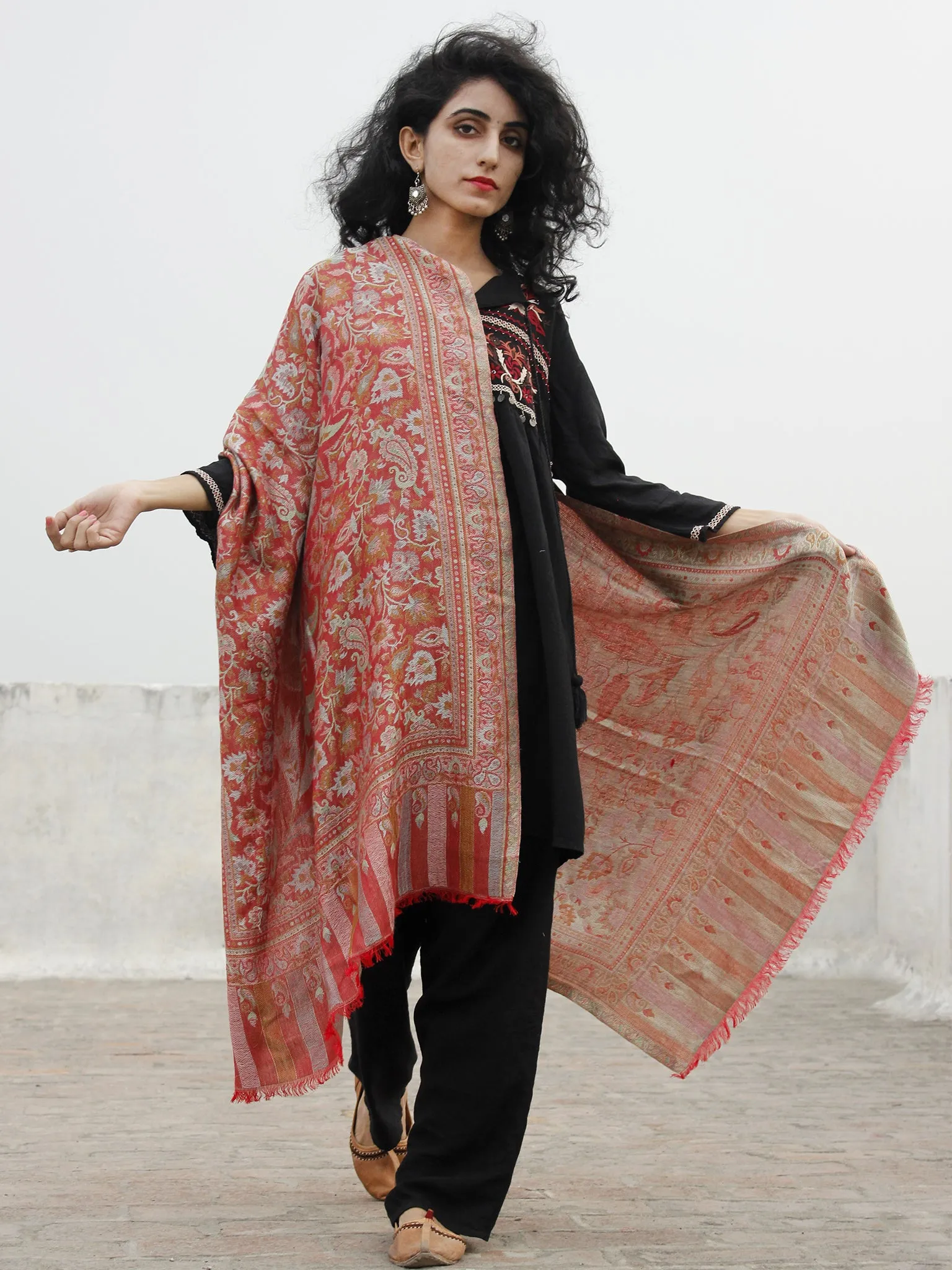Rust Green Blue Cashmere Jamawar Kani Woolen Stole - S6317200