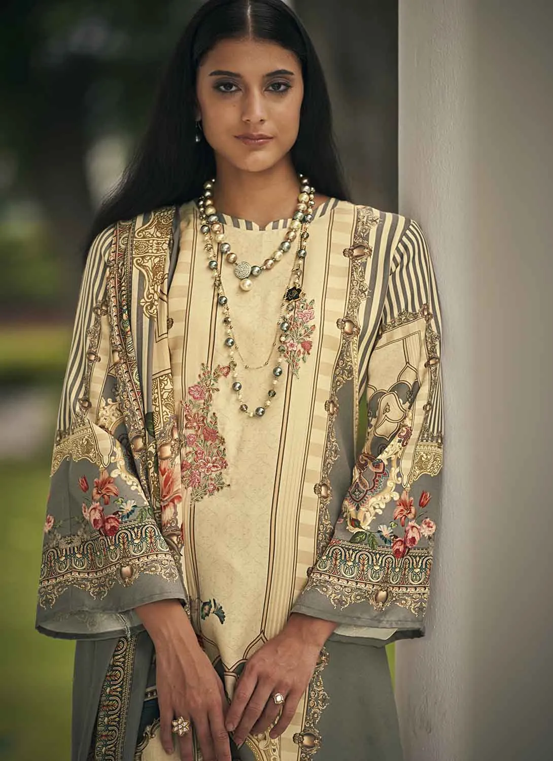 Sadhana Unstitched Cream Pashmina Winter Suit Dress Materials for Women
