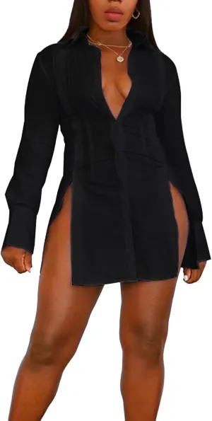 SEMATOMALA Women's Button Down Shirt Dress Collar V Neck Long Sleeve Slit Sexy Blouse Tops Mini Dresses