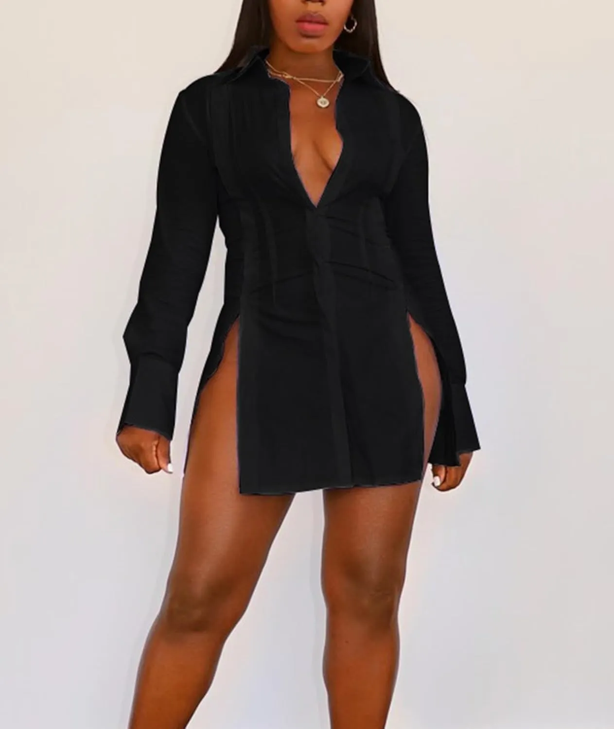SEMATOMALA Women's Button Down Shirt Dress Collar V Neck Long Sleeve Slit Sexy Blouse Tops Mini Dresses