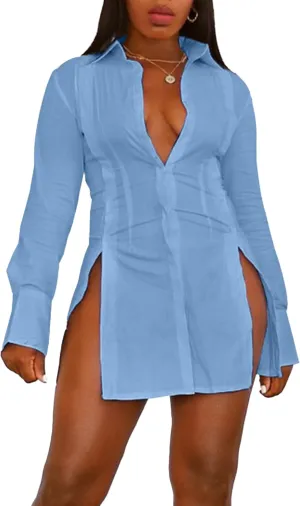 SEMATOMALA Women's Button Down Shirt Dress Collar V Neck Long Sleeve Slit Sexy Blouse Tops Mini Dresses