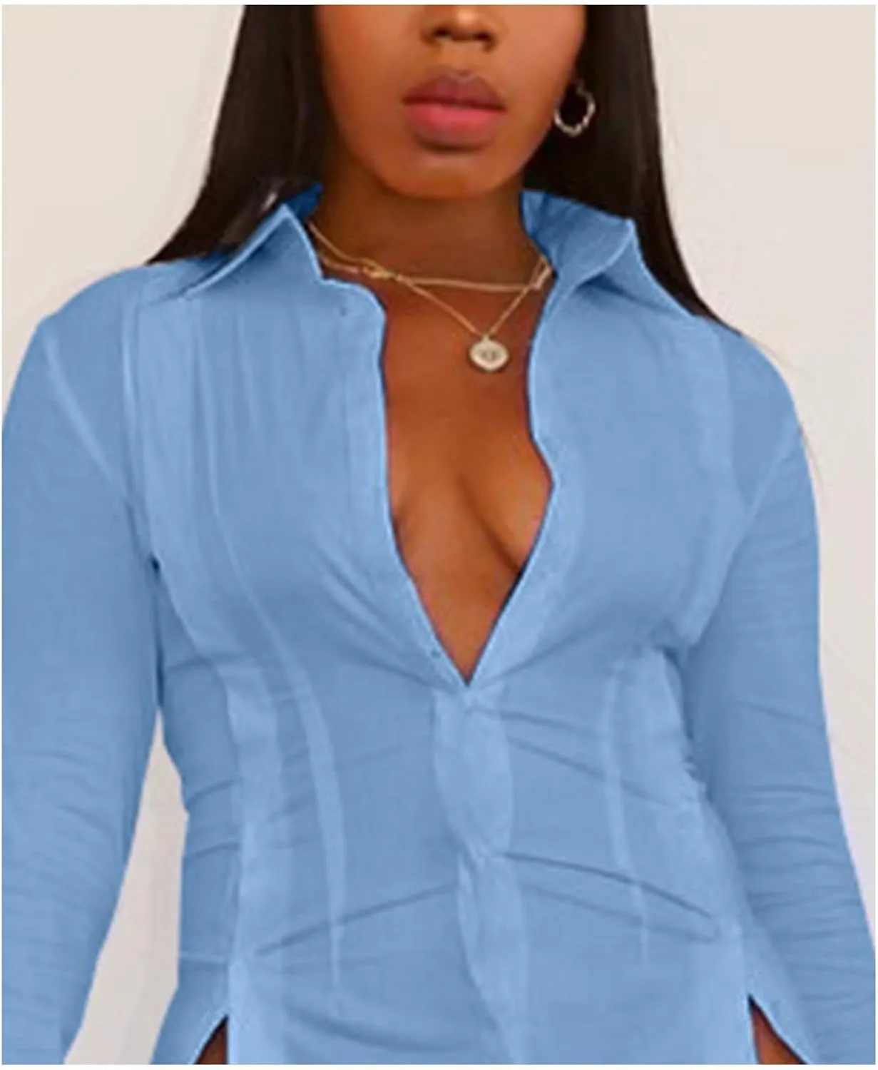 SEMATOMALA Women's Button Down Shirt Dress Collar V Neck Long Sleeve Slit Sexy Blouse Tops Mini Dresses