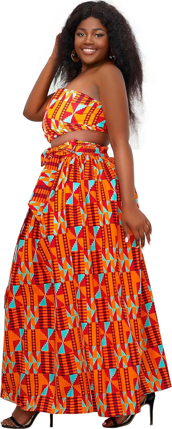 SHENBOLEN Women African Print Skirt Kente Traditional Wax Print Adjustable Strap Maxi Skirt