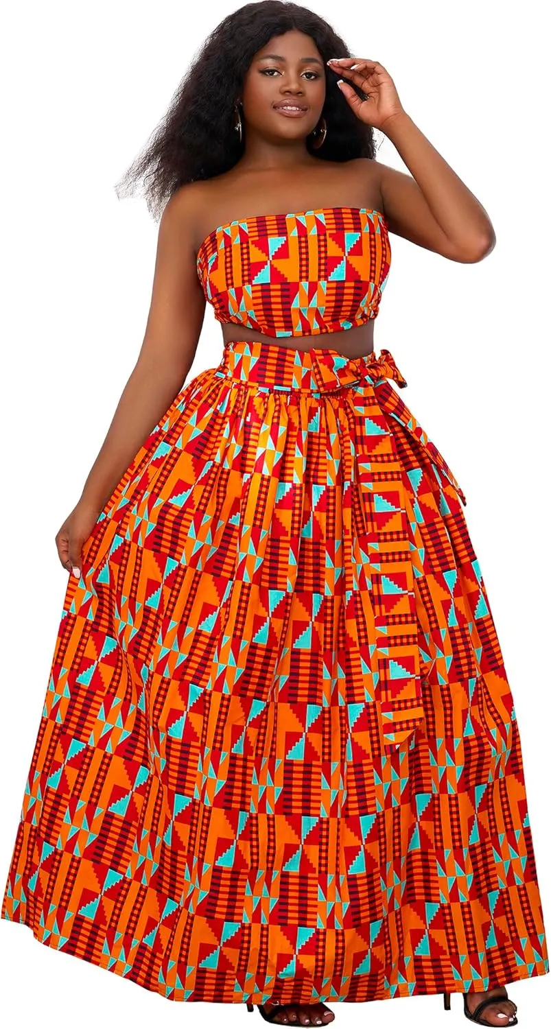 SHENBOLEN Women African Print Skirt Kente Traditional Wax Print Adjustable Strap Maxi Skirt