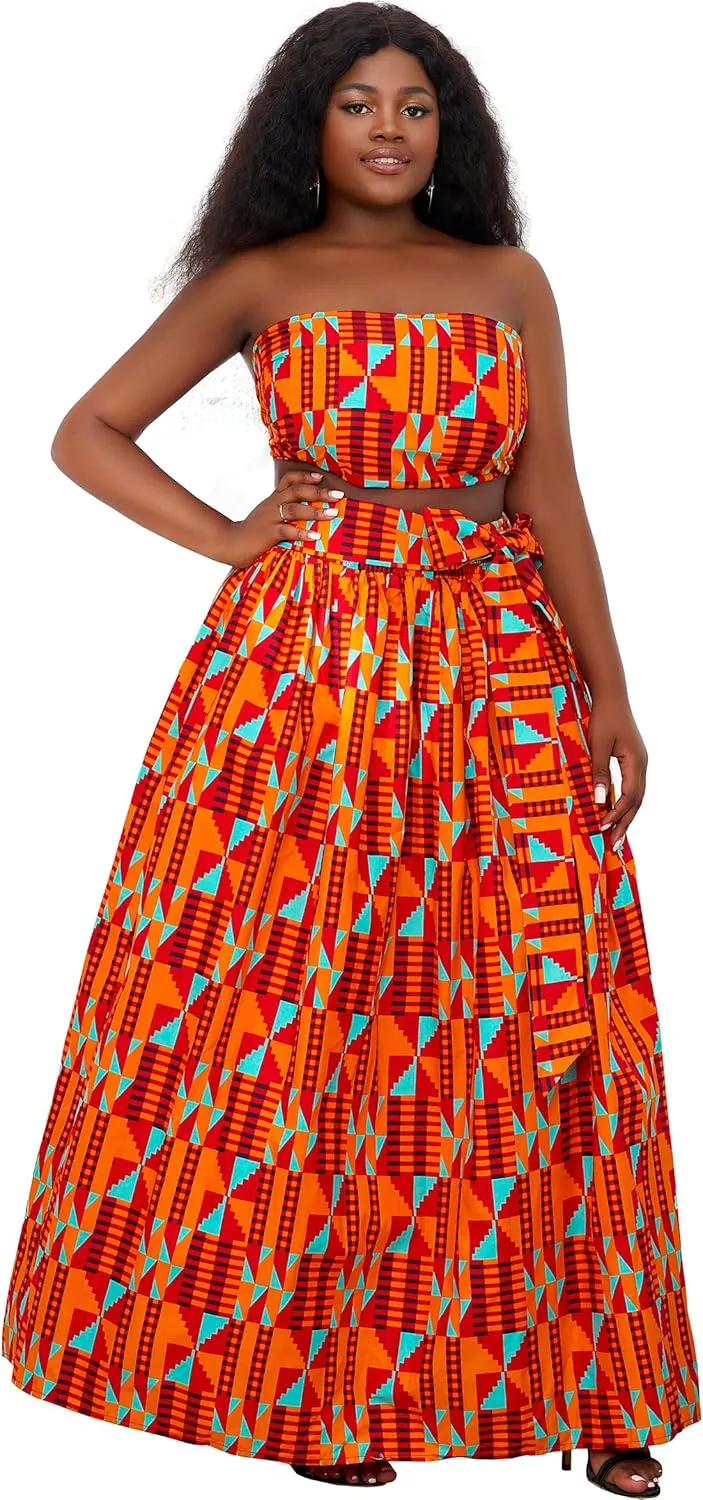 SHENBOLEN Women African Print Skirt Kente Traditional Wax Print Adjustable Strap Maxi Skirt