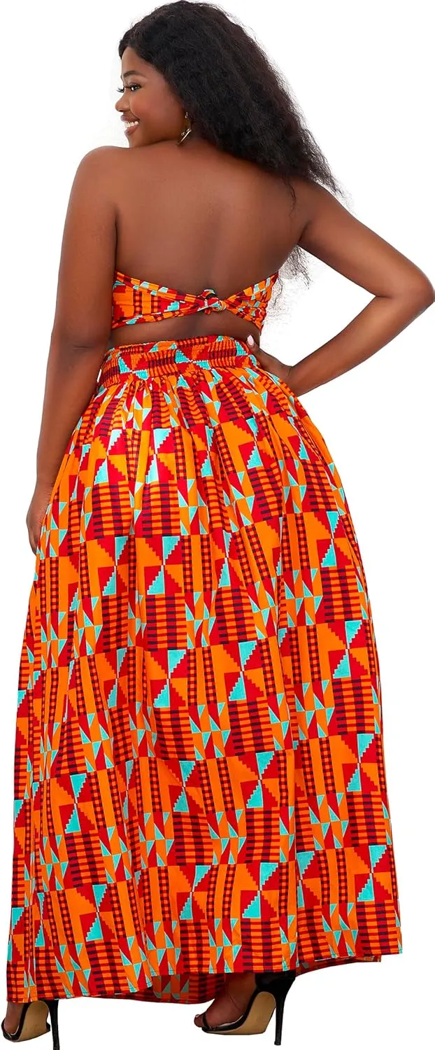SHENBOLEN Women African Print Skirt Kente Traditional Wax Print Adjustable Strap Maxi Skirt
