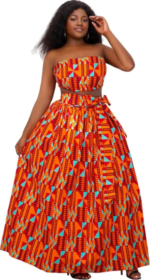 SHENBOLEN Women African Print Skirt Kente Traditional Wax Print Adjustable Strap Maxi Skirt