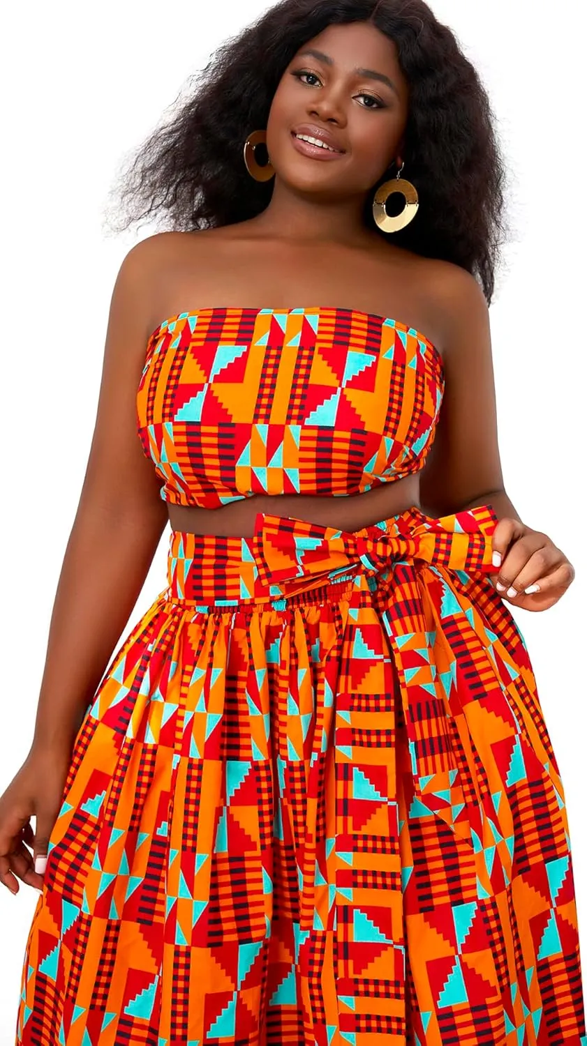 SHENBOLEN Women African Print Skirt Kente Traditional Wax Print Adjustable Strap Maxi Skirt