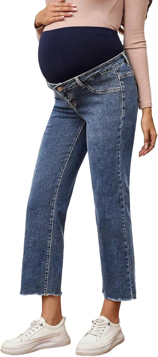 SHENHE Women's Maternity Jeans Over Belly High Waist Raw Hem Comfy Stretch Jean Denim Pants