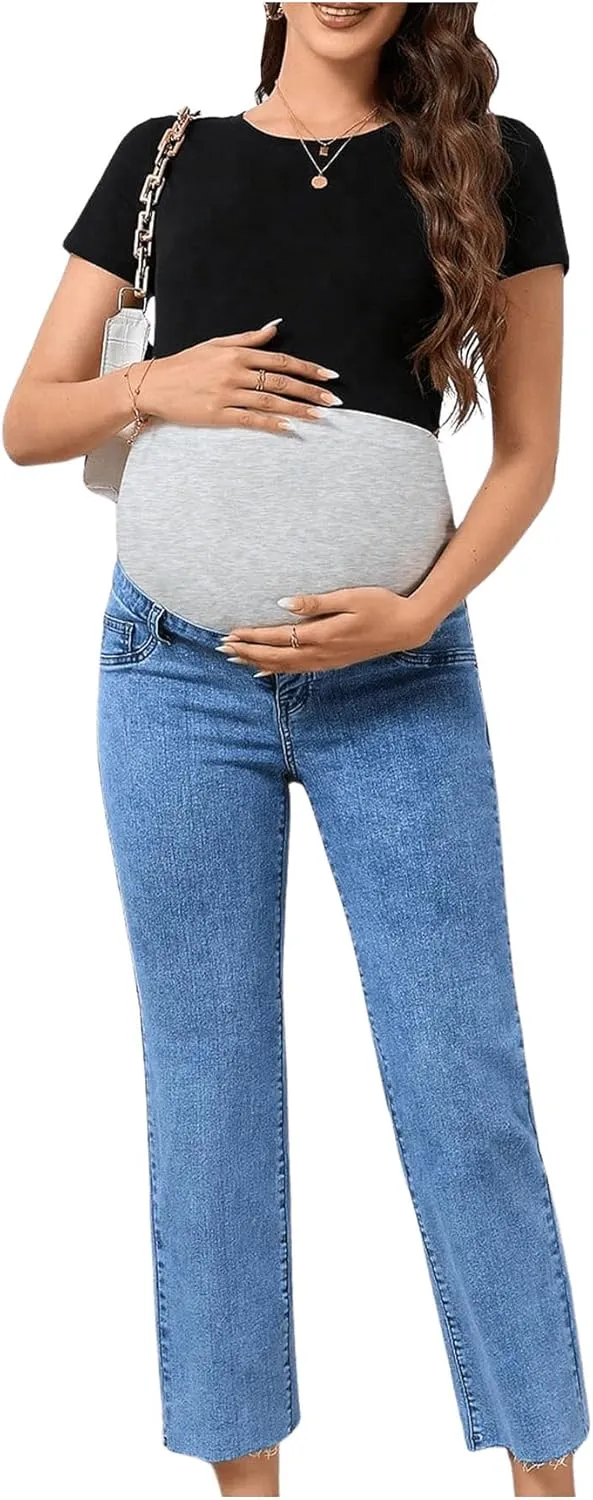 SHENHE Women's Maternity Jeans Over Belly High Waist Raw Hem Comfy Stretch Jean Denim Pants
