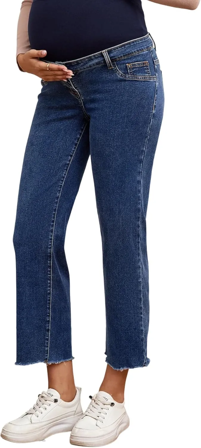 SHENHE Women's Maternity Jeans Over Belly High Waist Raw Hem Comfy Stretch Jean Denim Pants