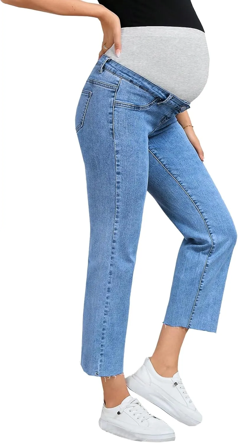 SHENHE Women's Maternity Jeans Over Belly High Waist Raw Hem Comfy Stretch Jean Denim Pants