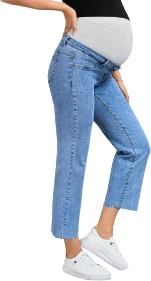 SHENHE Women's Maternity Jeans Over Belly High Waist Raw Hem Comfy Stretch Jean Denim Pants