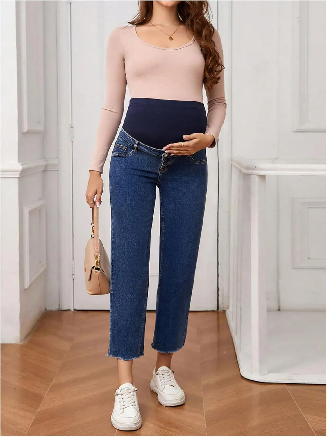 SHENHE Women's Maternity Jeans Over Belly High Waist Raw Hem Comfy Stretch Jean Denim Pants