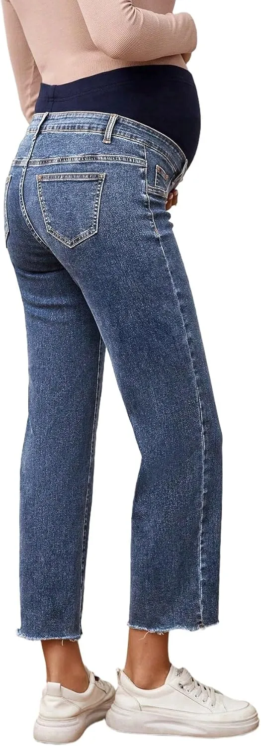 SHENHE Women's Maternity Jeans Over Belly High Waist Raw Hem Comfy Stretch Jean Denim Pants