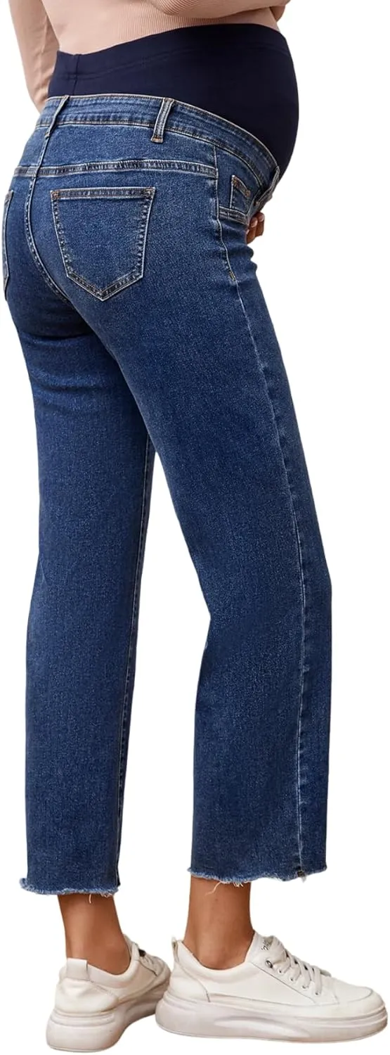 SHENHE Women's Maternity Jeans Over Belly High Waist Raw Hem Comfy Stretch Jean Denim Pants