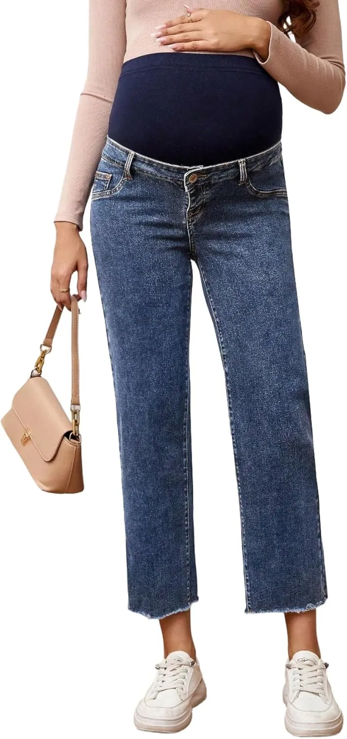 SHENHE Women's Maternity Jeans Over Belly High Waist Raw Hem Comfy Stretch Jean Denim Pants