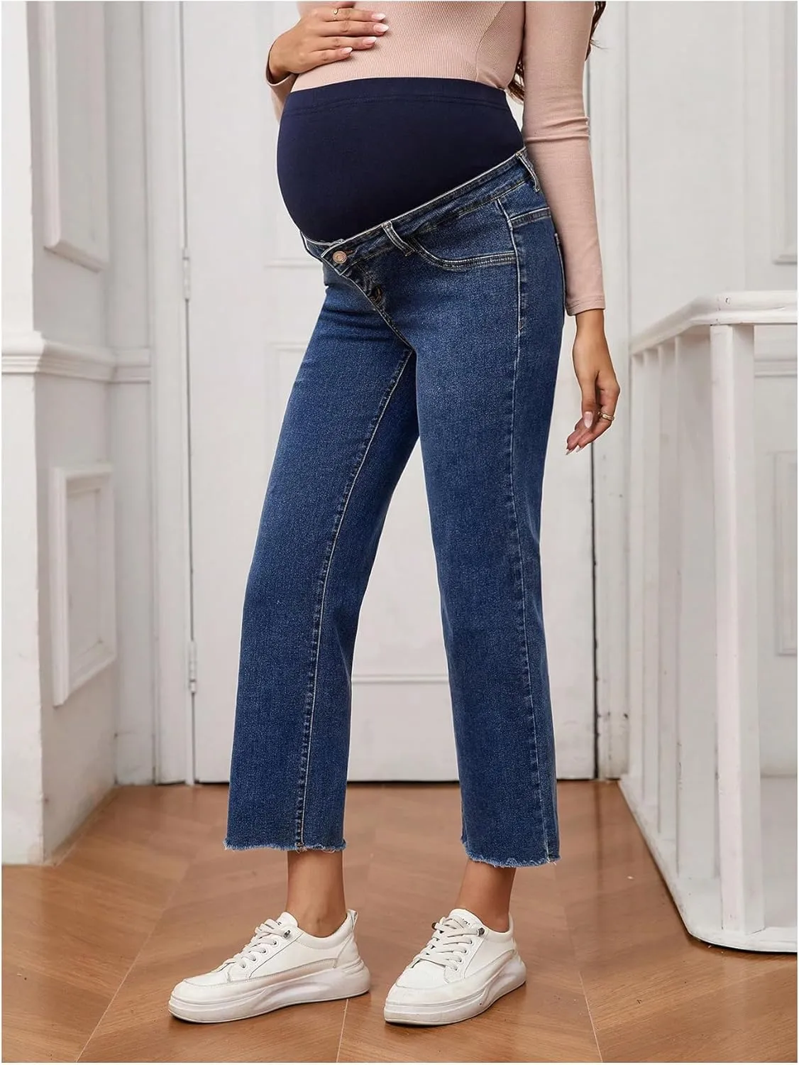 SHENHE Women's Maternity Jeans Over Belly High Waist Raw Hem Comfy Stretch Jean Denim Pants