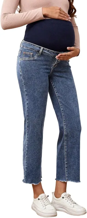 SHENHE Women's Maternity Jeans Over Belly High Waist Raw Hem Comfy Stretch Jean Denim Pants