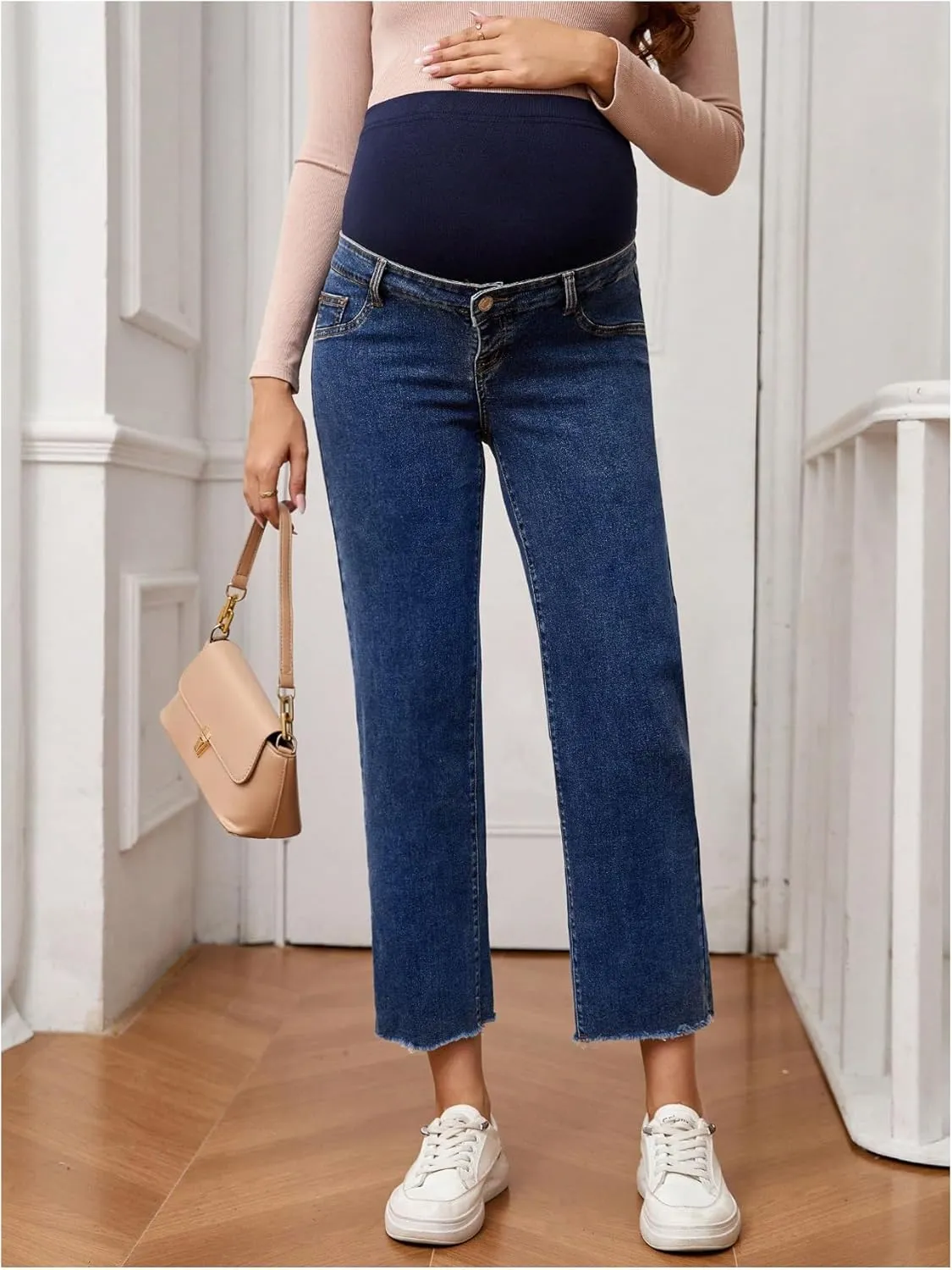 SHENHE Women's Maternity Jeans Over Belly High Waist Raw Hem Comfy Stretch Jean Denim Pants