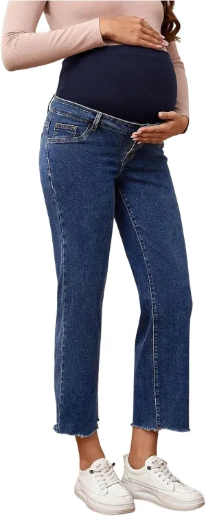 SHENHE Women's Maternity Jeans Over Belly High Waist Raw Hem Comfy Stretch Jean Denim Pants
