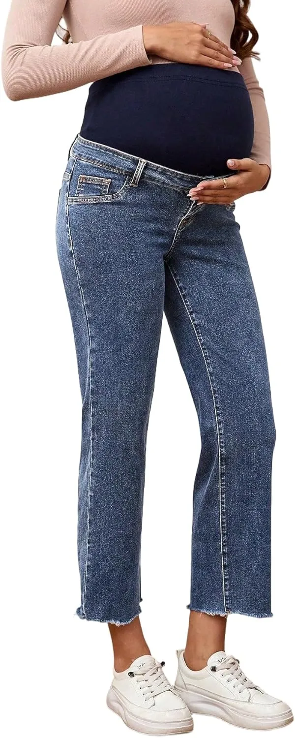 SHENHE Women's Maternity Jeans Over Belly High Waist Raw Hem Comfy Stretch Jean Denim Pants