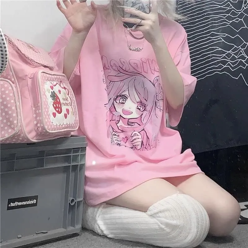 Short Sleeve Oversized Anime T-Shirt Women Youth Beautiful Gothic Harajuku Aesthetic Elf Tops Y2B