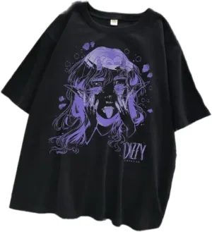Short Sleeve Oversized Anime T-Shirt Women Youth Beautiful Gothic Harajuku Aesthetic Elf Tops Y2B