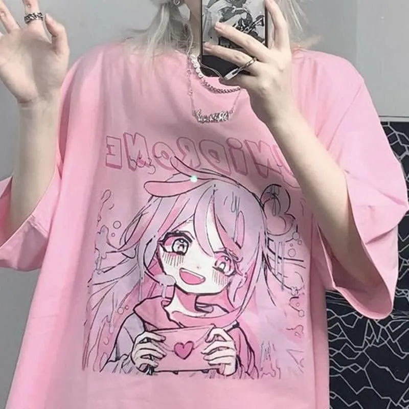 Short Sleeve Oversized Anime T-Shirt Women Youth Beautiful Gothic Harajuku Aesthetic Elf Tops Y2B