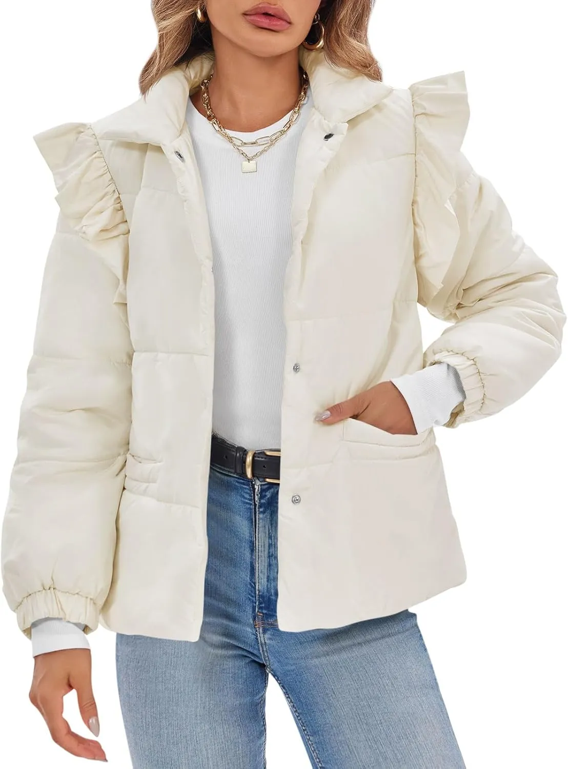 Tankaneo Womens Puffer Quilted Jacket Winter Ruffle Sleeve Button Down Padded Coat with Pockets