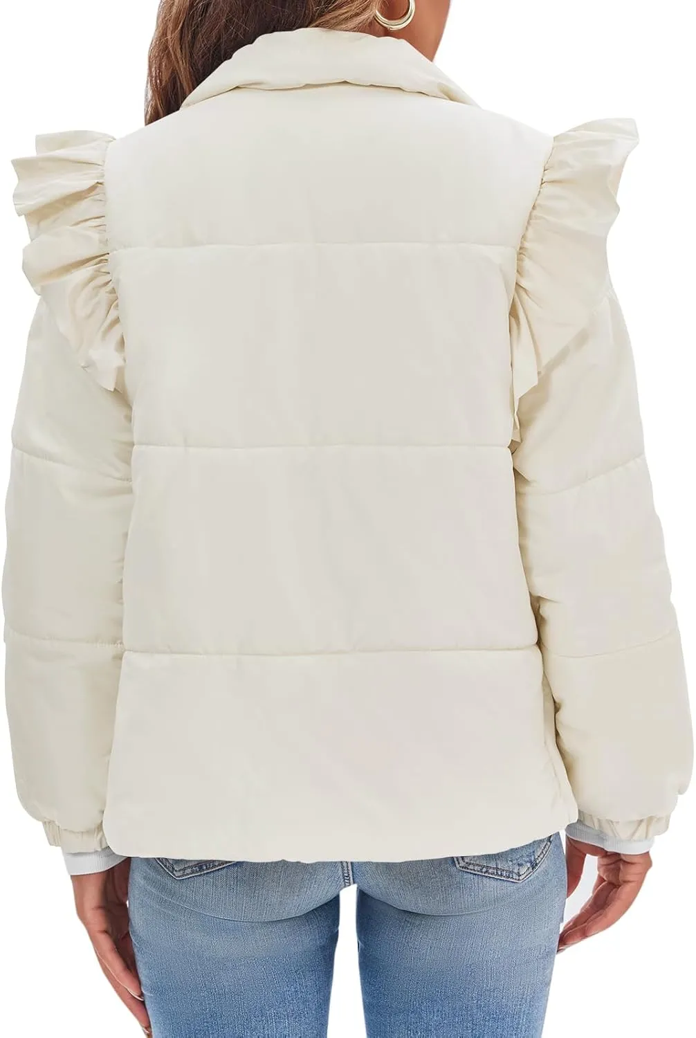 Tankaneo Womens Puffer Quilted Jacket Winter Ruffle Sleeve Button Down Padded Coat with Pockets