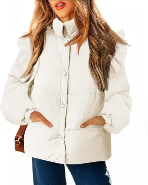 Tankaneo Womens Puffer Quilted Jacket Winter Ruffle Sleeve Button Down Padded Coat with Pockets