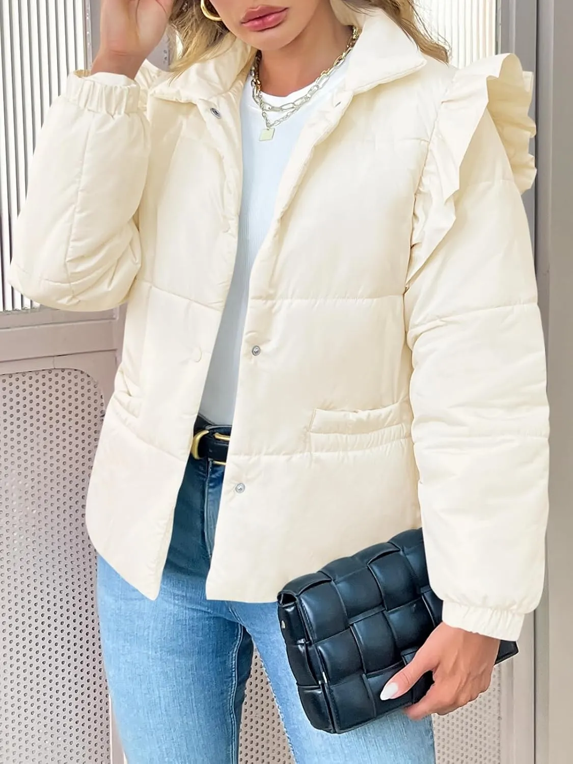 Tankaneo Womens Puffer Quilted Jacket Winter Ruffle Sleeve Button Down Padded Coat with Pockets