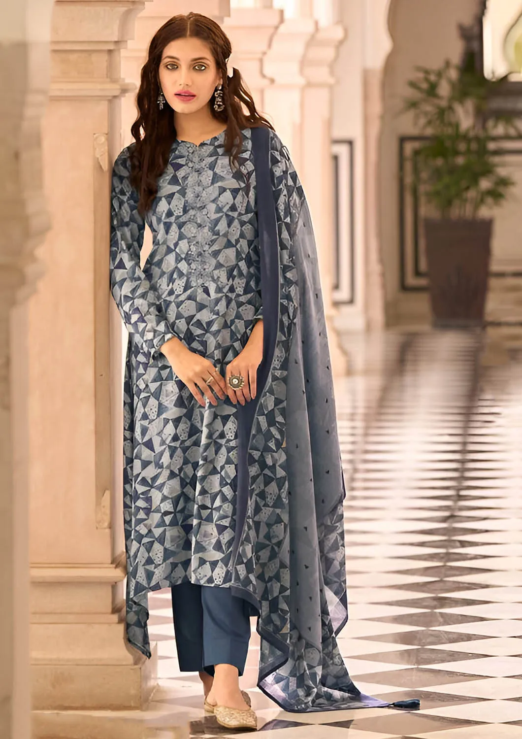 Unstitched Blue Pashmina Winter Suit Dress Material for Women