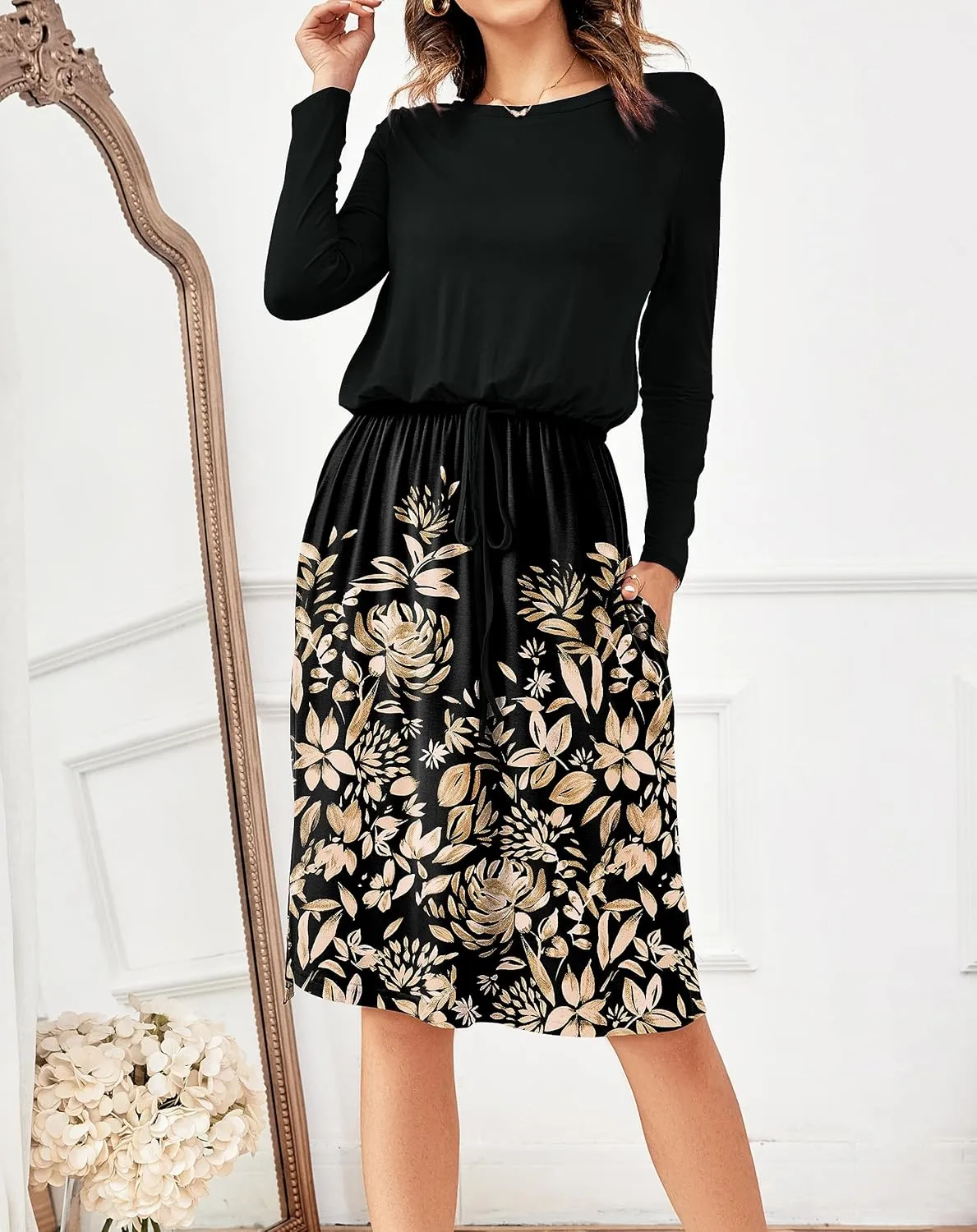 Women Knit Work Casual Pocket Knee Length Travel Dress 2025 Spring Fall Winter Long Sleeve Hide Belly Midi Outfits