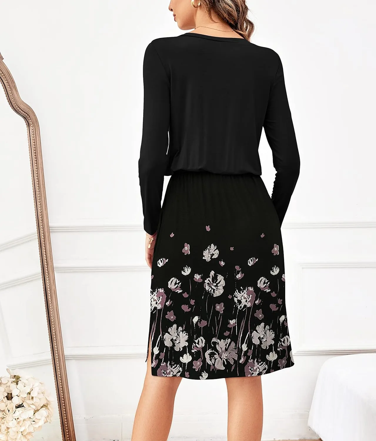 Women Knit Work Casual Pocket Knee Length Travel Dress 2025 Spring Fall Winter Long Sleeve Hide Belly Midi Outfits