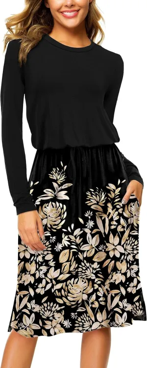 Women Knit Work Casual Pocket Knee Length Travel Dress 2025 Spring Fall Winter Long Sleeve Hide Belly Midi Outfits
