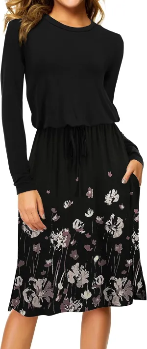 Women Knit Work Casual Pocket Knee Length Travel Dress 2025 Spring Fall Winter Long Sleeve Hide Belly Midi Outfits