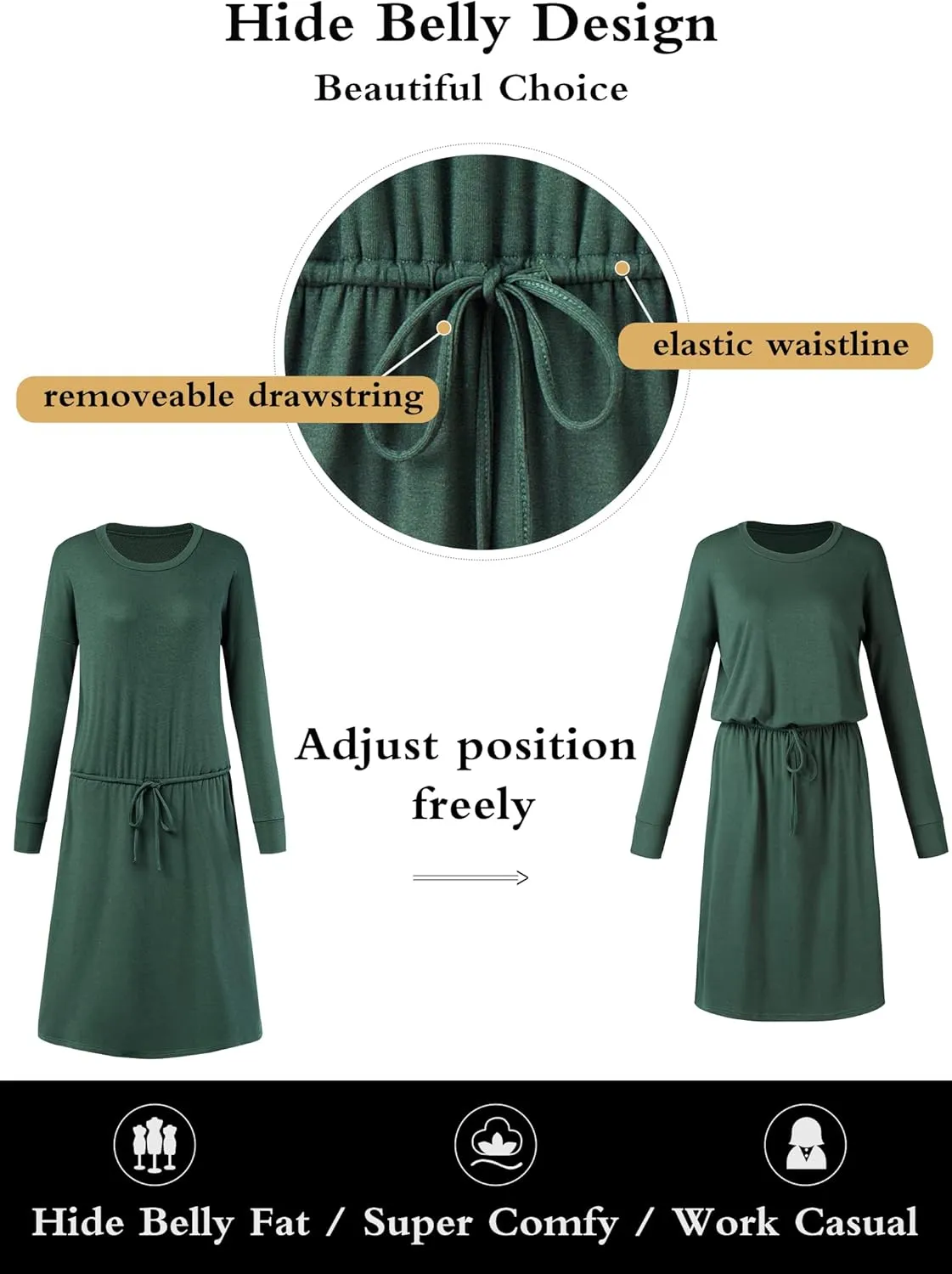Women Knit Work Casual Pocket Knee Length Travel Dress 2025 Spring Fall Winter Long Sleeve Hide Belly Midi Outfits