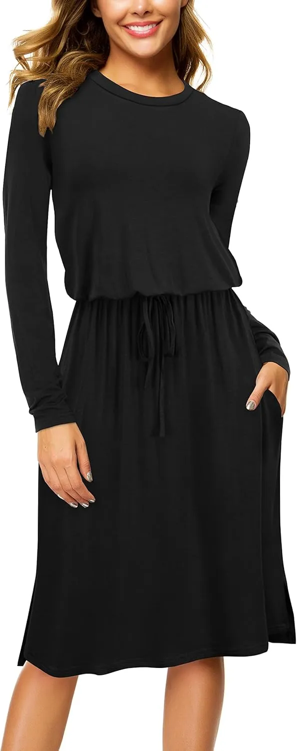 Women Knit Work Casual Pocket Knee Length Travel Dress 2025 Spring Fall Winter Long Sleeve Hide Belly Midi Outfits