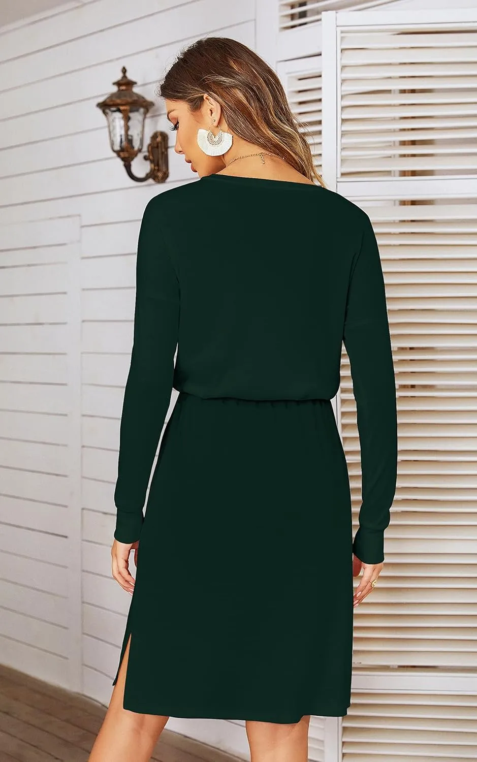 Women Knit Work Casual Pocket Knee Length Travel Dress 2025 Spring Fall Winter Long Sleeve Hide Belly Midi Outfits