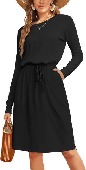 Women Knit Work Casual Pocket Knee Length Travel Dress 2025 Spring Fall Winter Long Sleeve Hide Belly Midi Outfits
