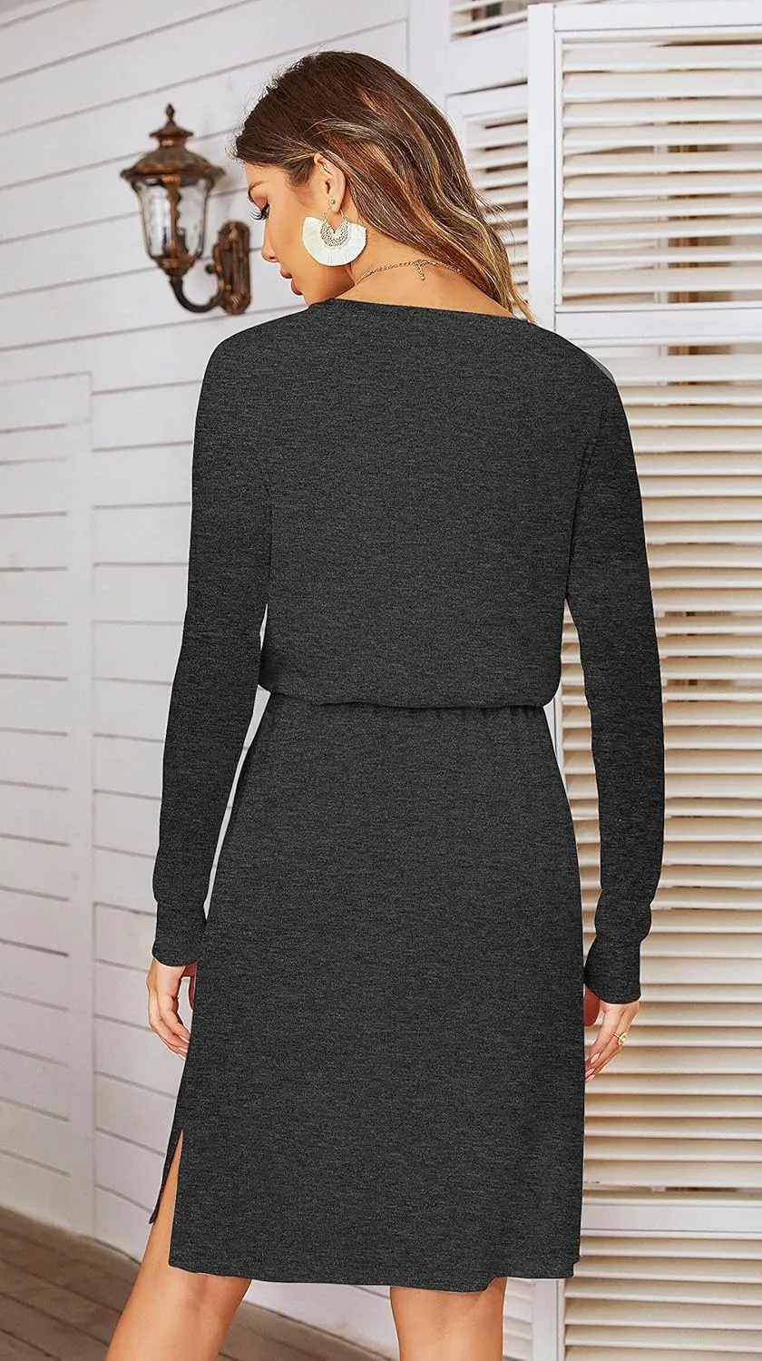 Women Knit Work Casual Pocket Knee Length Travel Dress 2025 Spring Fall Winter Long Sleeve Hide Belly Midi Outfits