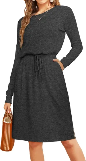 Women Knit Work Casual Pocket Knee Length Travel Dress 2025 Spring Fall Winter Long Sleeve Hide Belly Midi Outfits