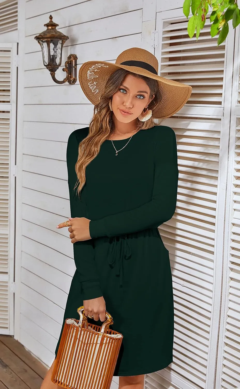 Women Knit Work Casual Pocket Knee Length Travel Dress 2025 Spring Fall Winter Long Sleeve Hide Belly Midi Outfits
