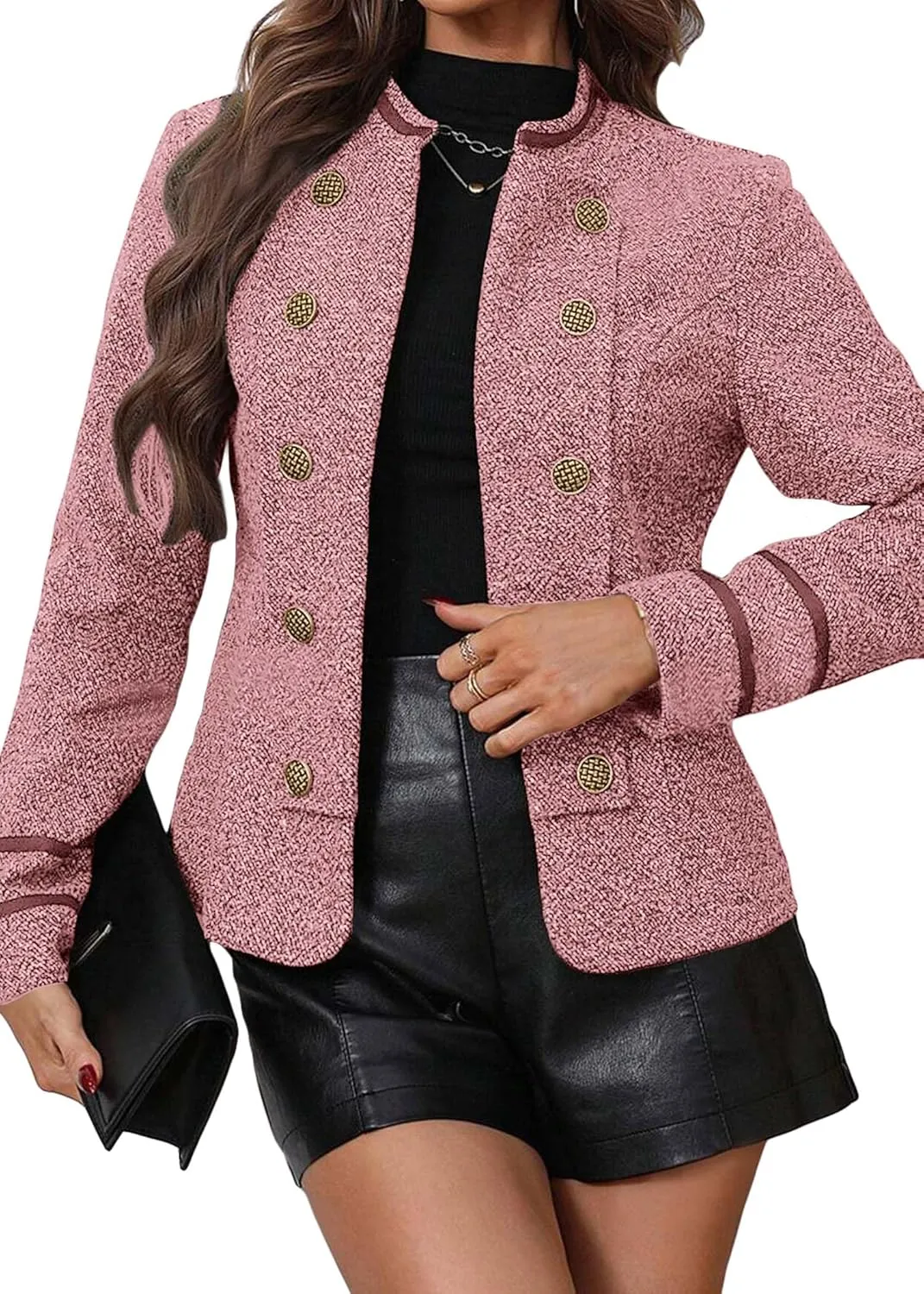 Women's 2025 Fall Winter Tweed Blazer Double Breasted Collarless Warm Elegant Crop Causal Work Office Jacket