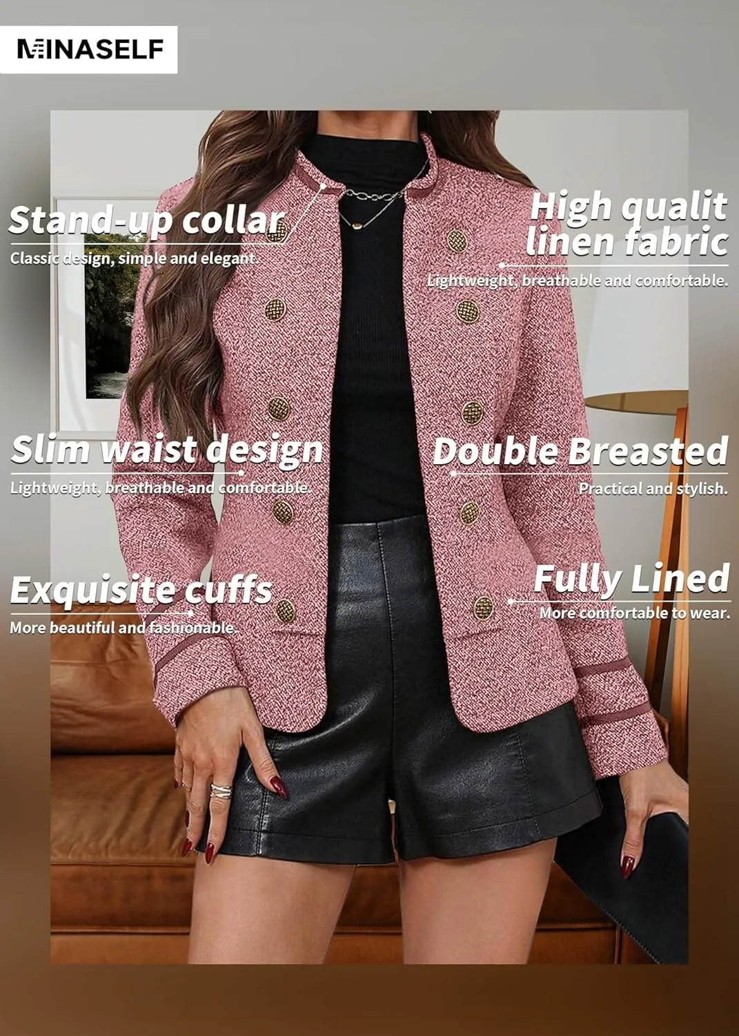 Women's 2025 Fall Winter Tweed Blazer Double Breasted Collarless Warm Elegant Crop Causal Work Office Jacket