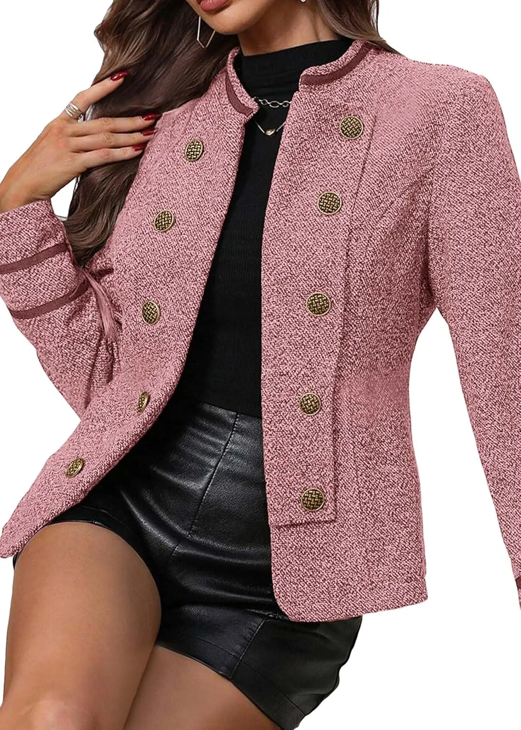 Women's 2025 Fall Winter Tweed Blazer Double Breasted Collarless Warm Elegant Crop Causal Work Office Jacket
